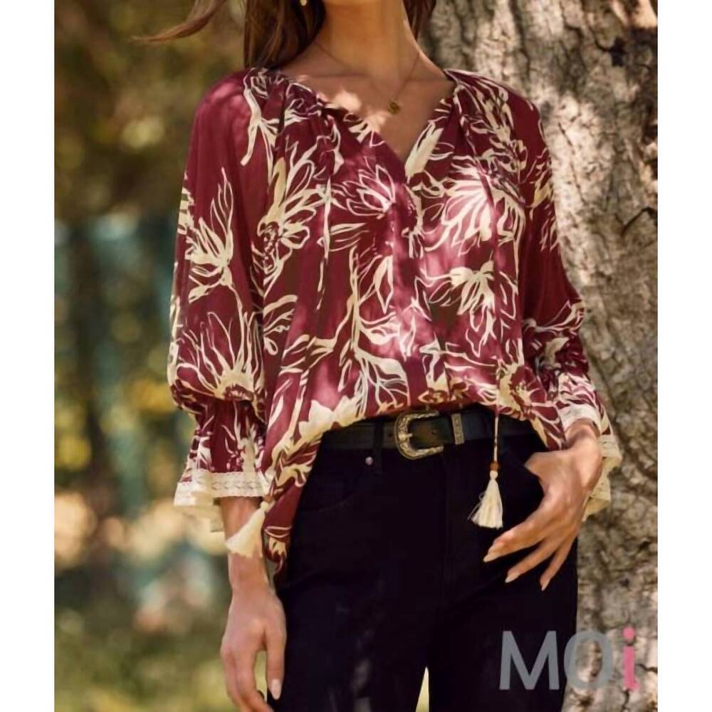 NEW ODDI floral printed blouse in burgundy multi